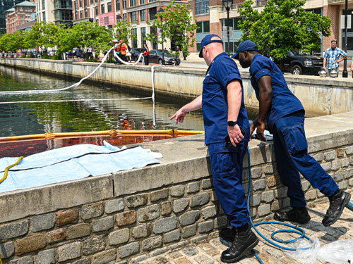 The U.S. Coast Guard and partner agencies respond to a diesel spill on the Patapsco River, in Baltimore, June 5, 2025.